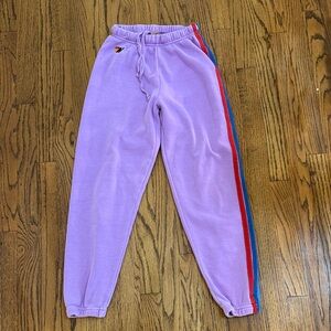 Aviator Nation women’s Purple sweatpants with Colorful Stripe